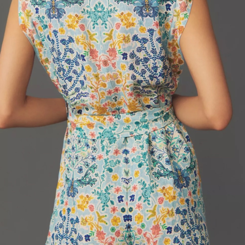 Ranna Gill Floral Belted Sleeveless Romper in Aqua Blue, Yellow & Green - Picture 4 of 14